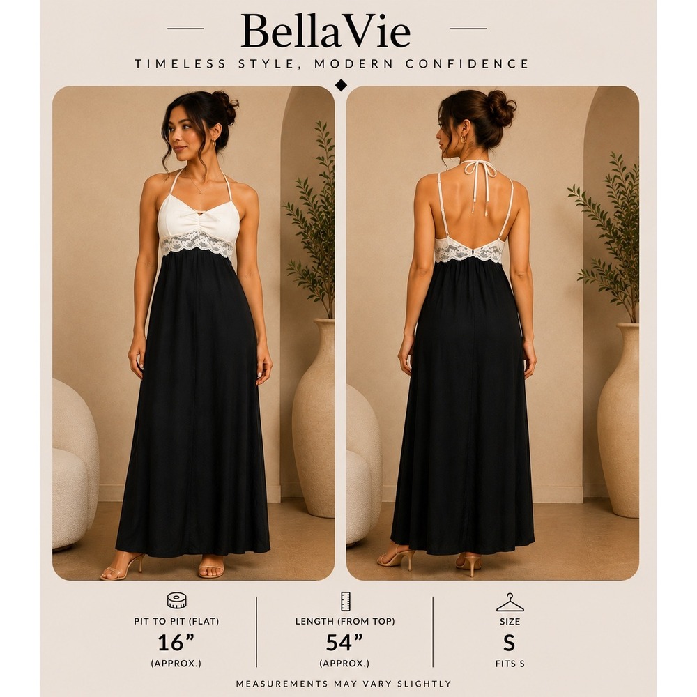 Bella Vie‎ Maxi Dress Small Black White Lace Trim Adjustable Straps NWT
